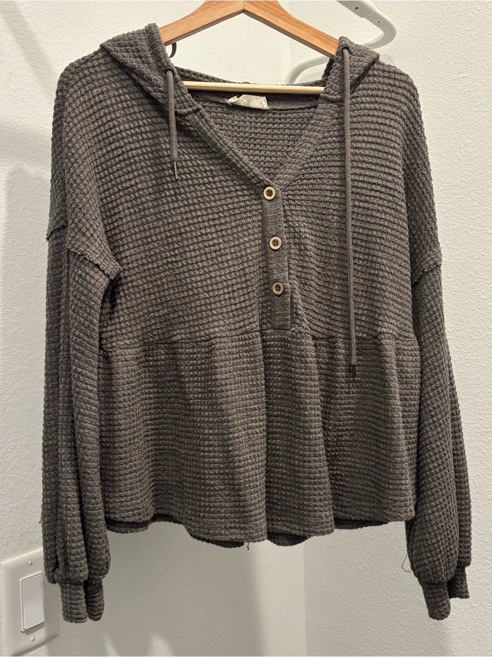 Waffle Knit Hooded Button-Front Top - Charcoal